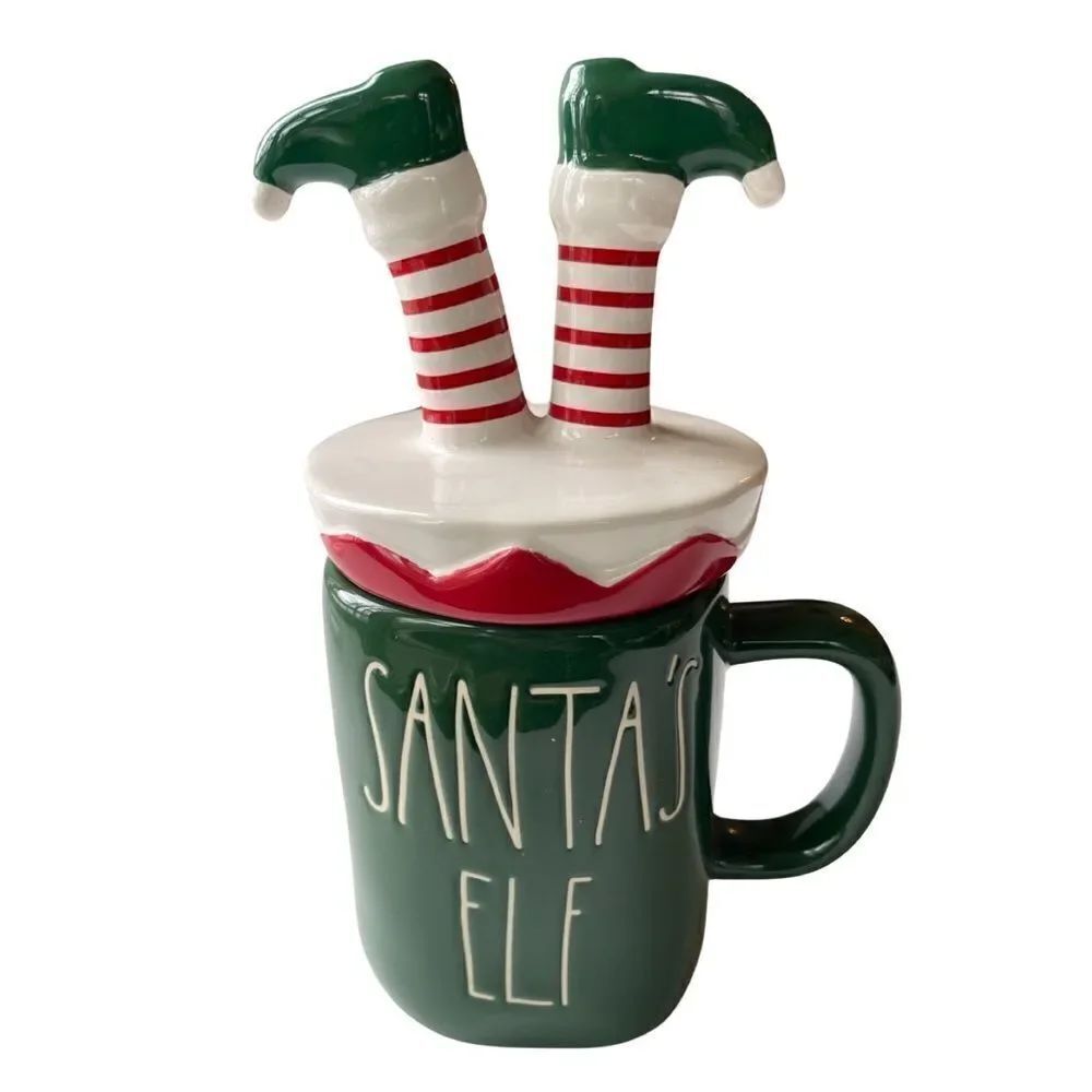 Rae Dunn Christmas SANTA'S ELF Mug with Figural Topper Lid Green Ceramic NIP